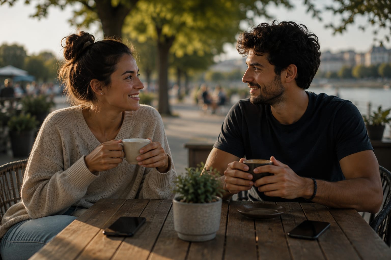 Zwei Menschen verbringen bewusst gemeinsame Zeit ohne Smartphone