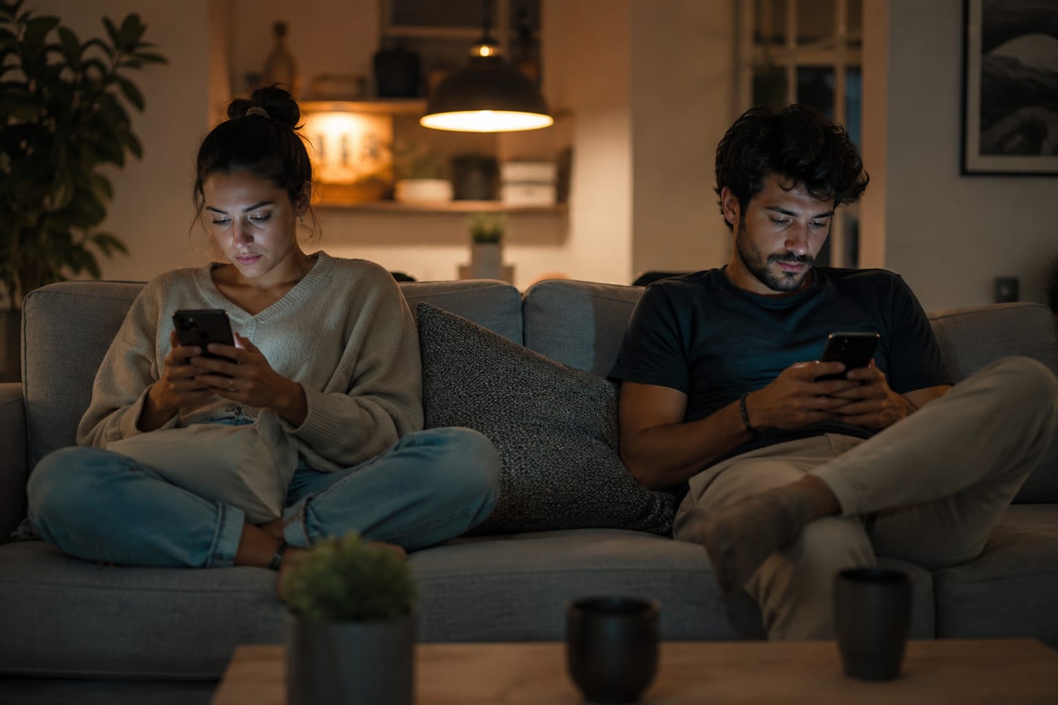 Paar sitzt gemeinsam auf dem Sofa und schaut auf Smartphones