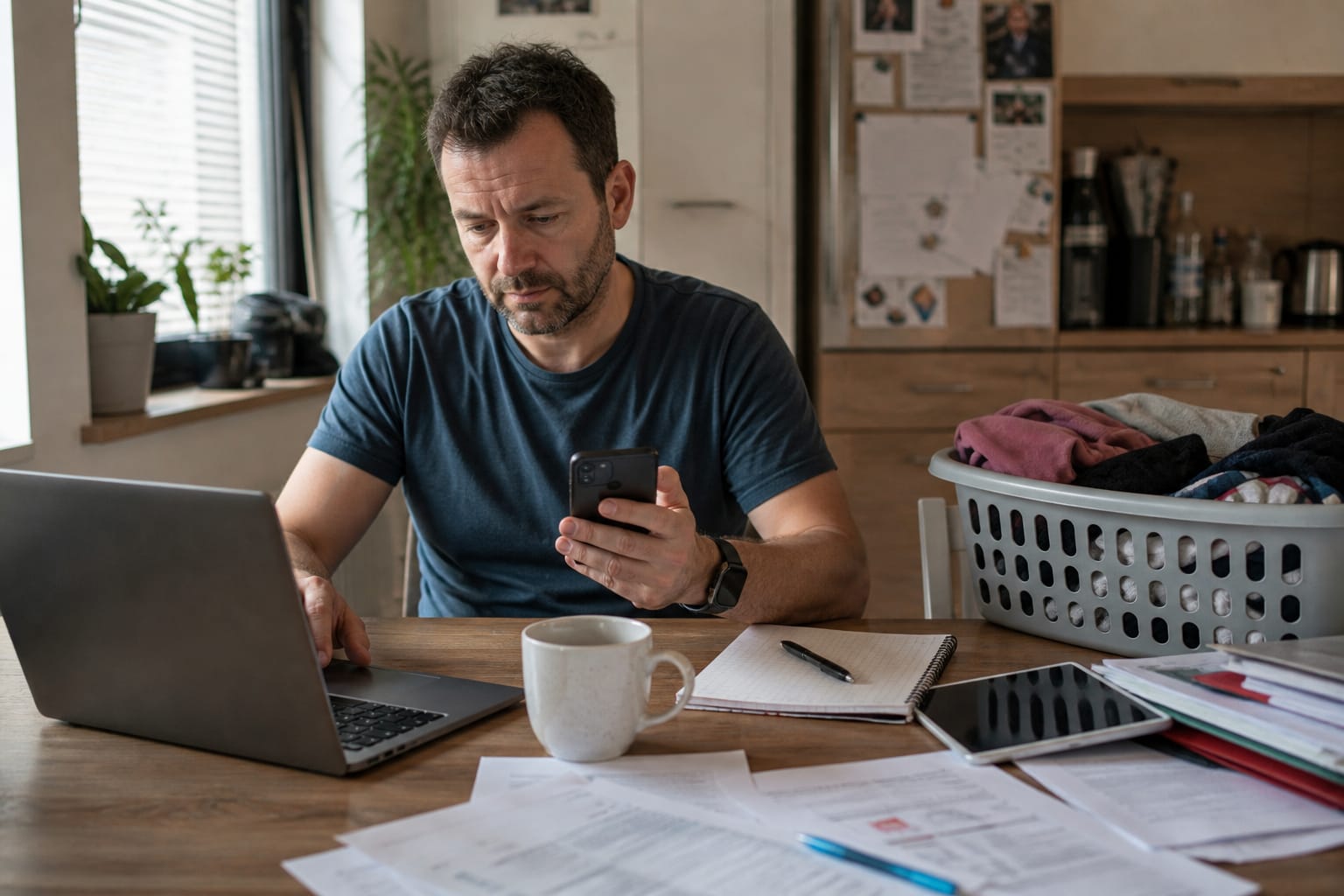 Ein Mann zwischen Laptop Smartphone und alltäglichen Aufgaben
